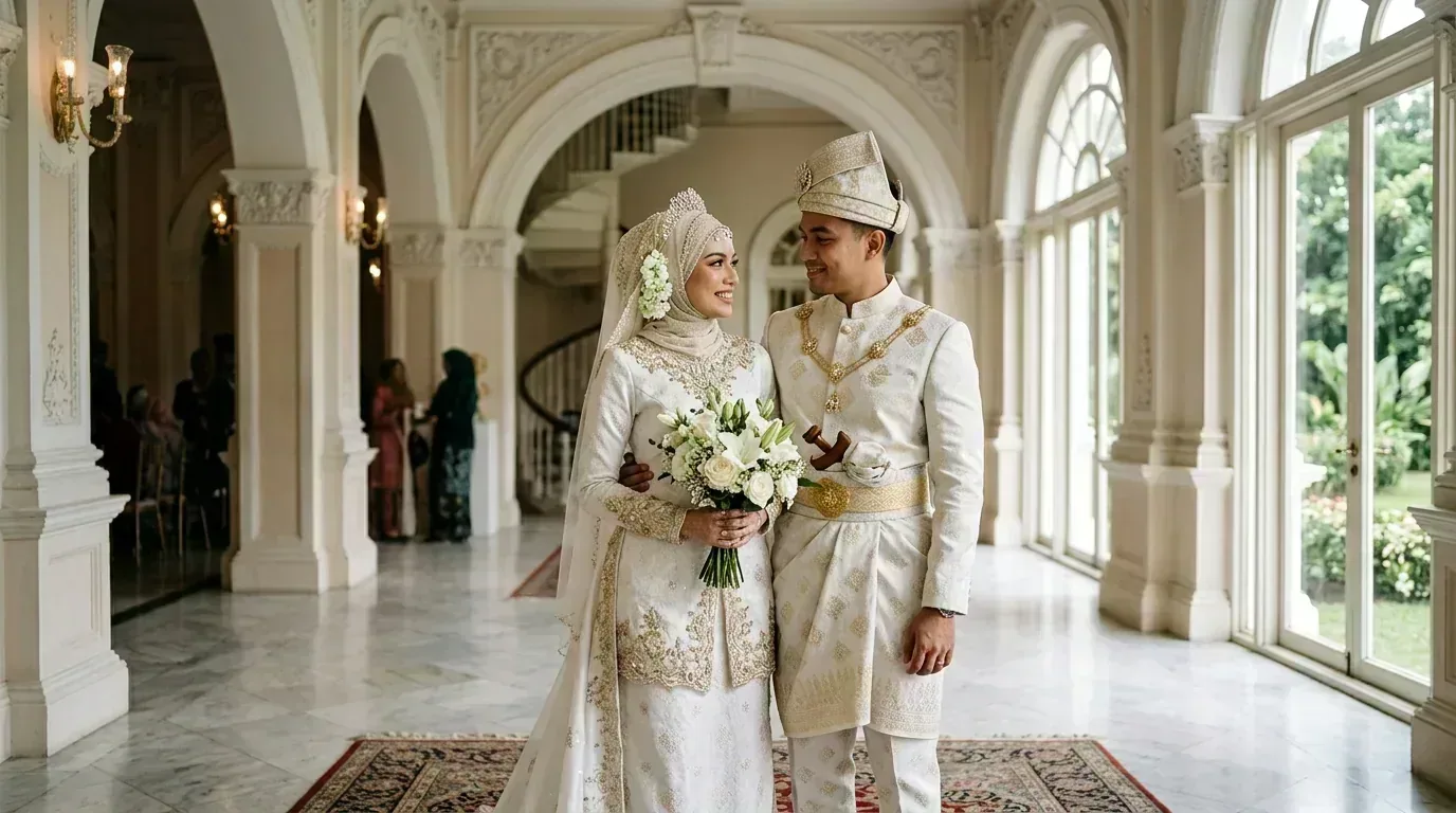 Pasangan pengantin Melayu dalam majlis elegan